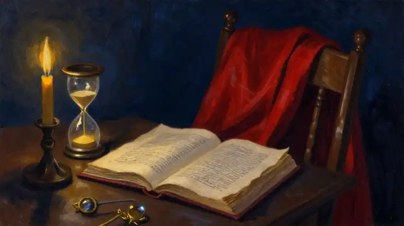 Open book and hourglass in a moody blue study
