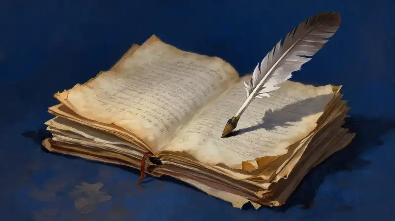 Stacked old manuscripts and a quill in moody blue lighting