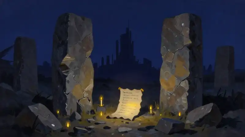 Crumbling ruins and a glowing parchment in deep blue tones