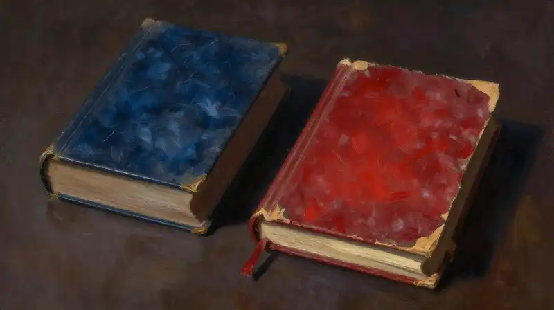 Two contrasting dystopian books in a moody blue setting