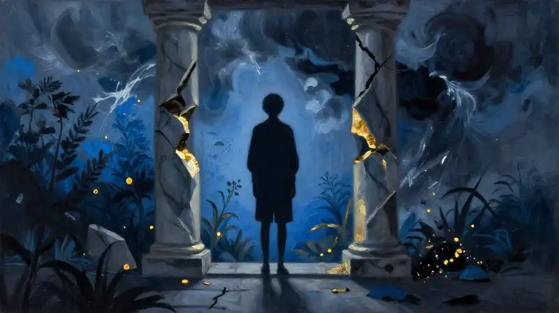 Silhouette of a youth transitioning from calm to chaos in blue tones
