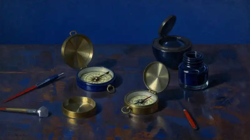 Various historical objects on a dark blue table