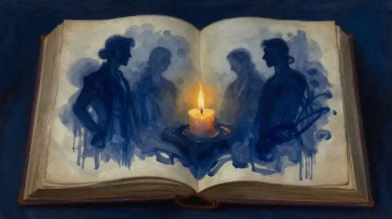 Glowing candle light illuminating historical figures in an open book