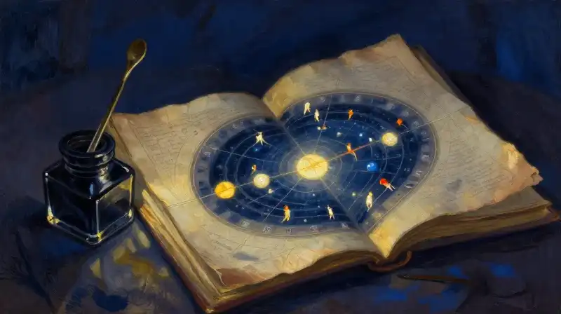 Antique manuscripts and celestial maps in deep indigo tones
