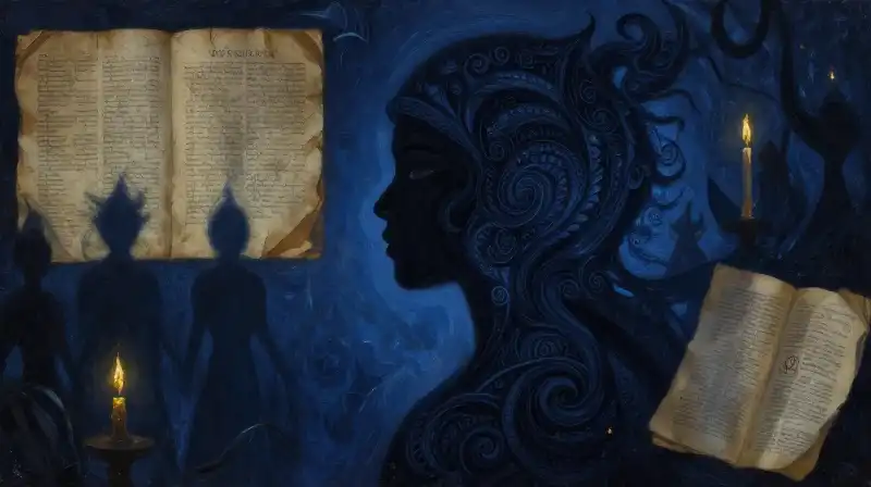 Ethereal silhouette blending with mythic folklore patterns in indigo tones