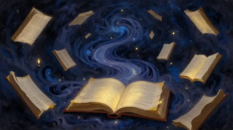 A winding path of glowing books through a dark blue nebula