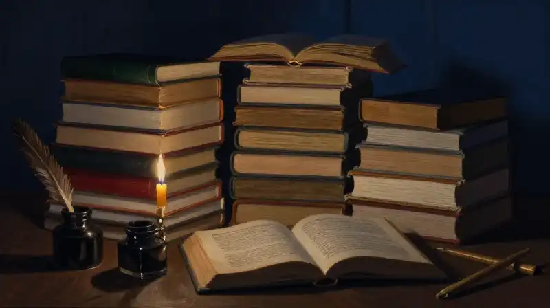 Stacked vintage books and quills in atmospheric blue light