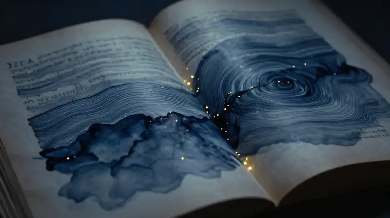 An open manuscript with ink ripples and golden light accents