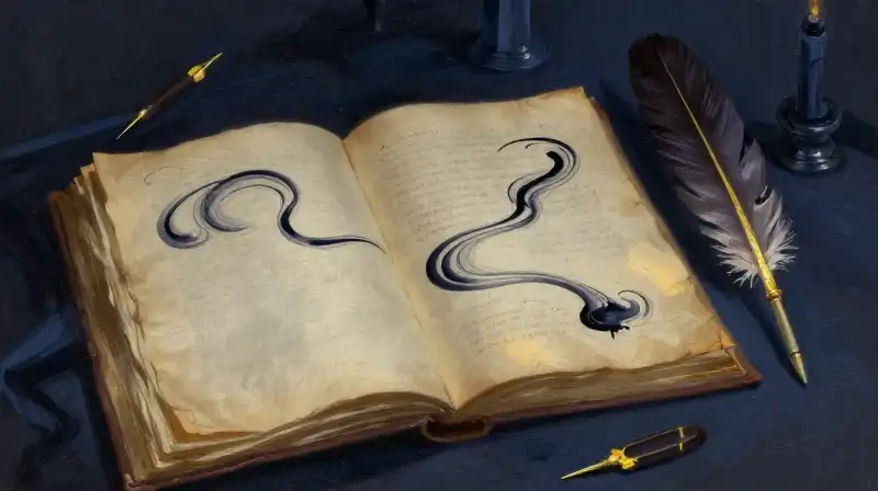 Open antique manuscript and quill in moody blue light