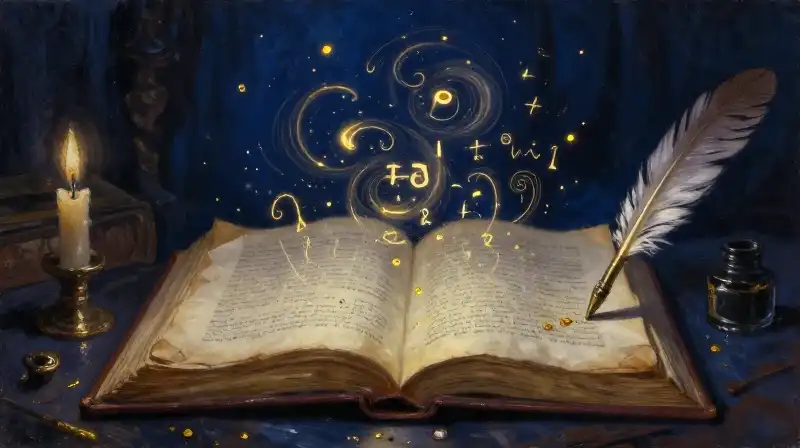 An open manuscript with glowing ink swirls in a dark blue study