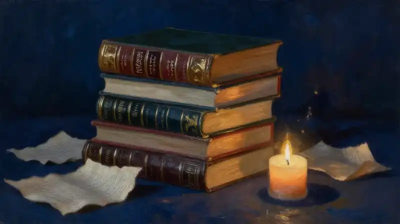 Stacked old books and parchment in moody blue lighting