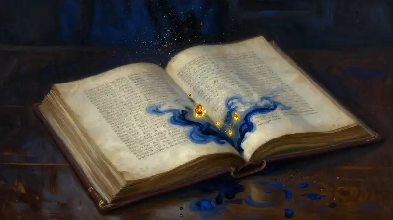 An ancient manuscript dissolving into light in deep blue tones