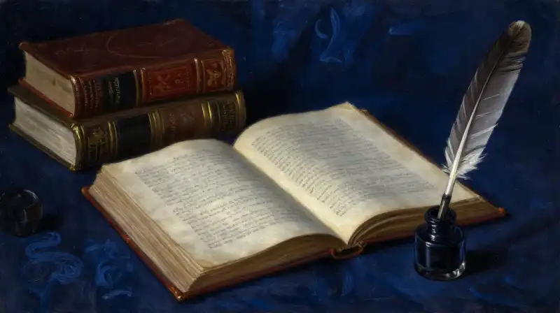 Antique leather books and a manuscript in atmospheric blue light