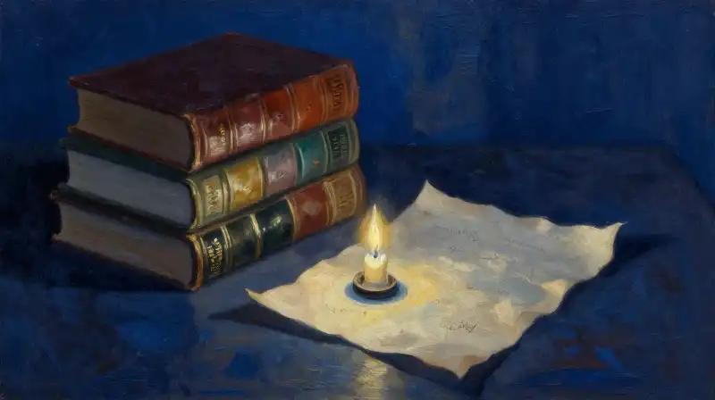 Stacked antique books with candlelight in deep blue tones