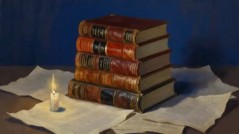 Stack of antique leather books and parchment in moody blue light