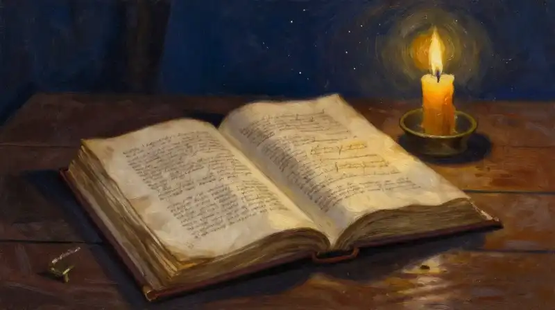 An open ancient manuscript illuminated by soft candlelight in deep blue tones