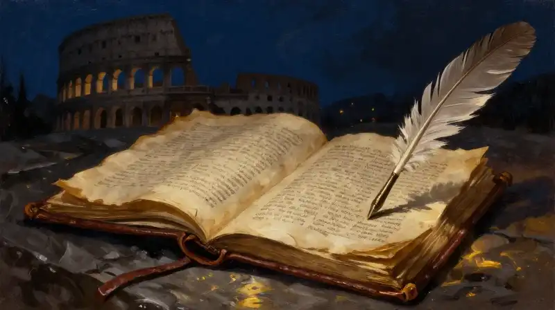 Antique religious historical novels and a quill in candlelight