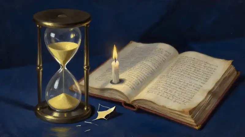 An open manuscript and hourglass in deep indigo tones