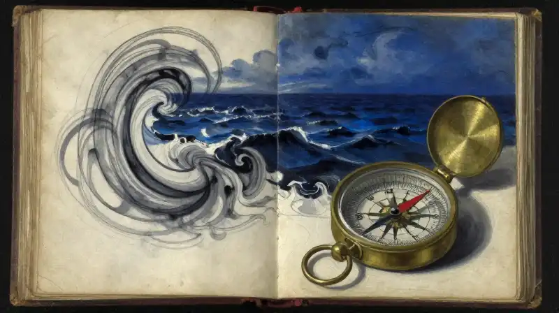 An open manuscript and brass compass amidst a stormy sea illustration