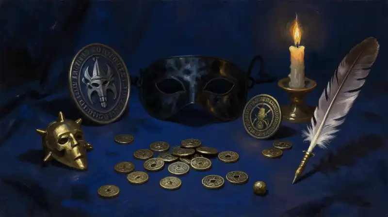 Mythological artifacts and a masked emblem in a dark blue study
