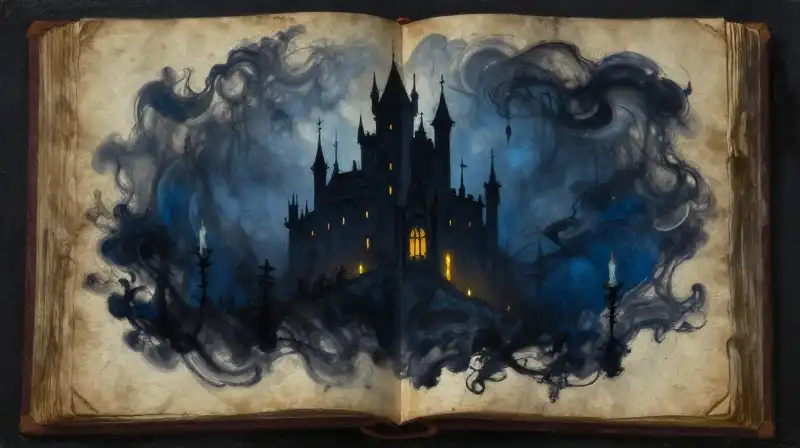An open book blending into a misty gothic castle silhouette
