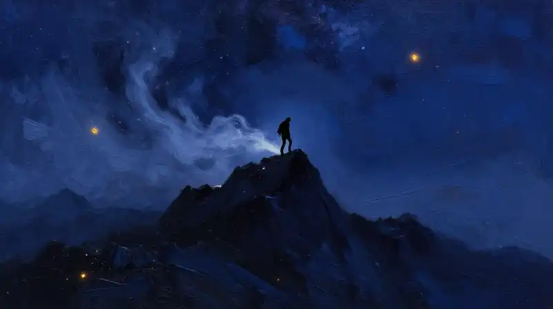 A lone figure climbing a mountain under a starry blue sky