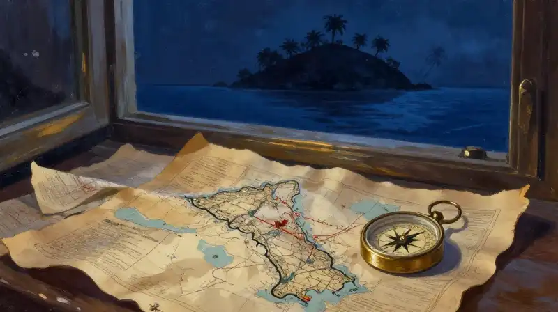Atmospheric maps and a compass in deep indigo tones