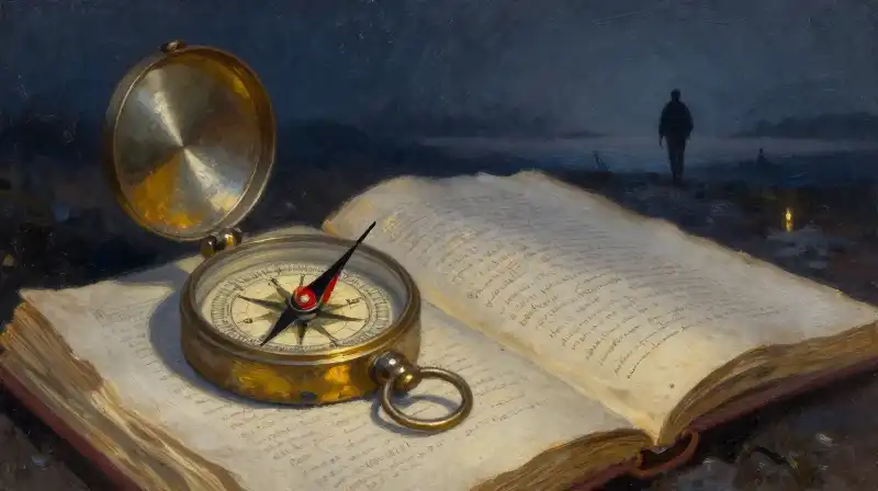 An ancient compass and manuscript under moody blue lighting