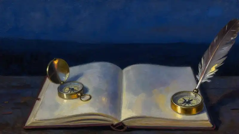 An open antique journal and compass in deep blue tones