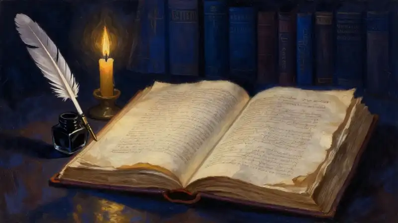 Antique manuscript and quill in a dark blue atmospheric library