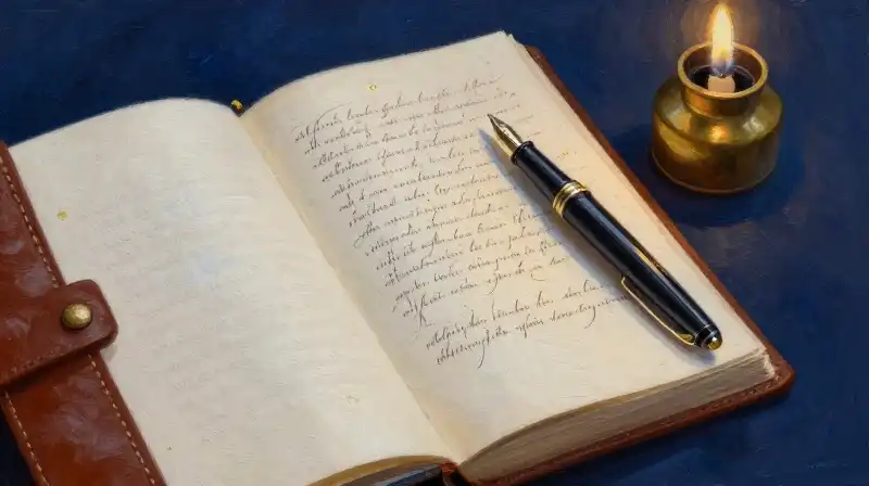 An open antique manuscript and fountain pen in moody blue lighting