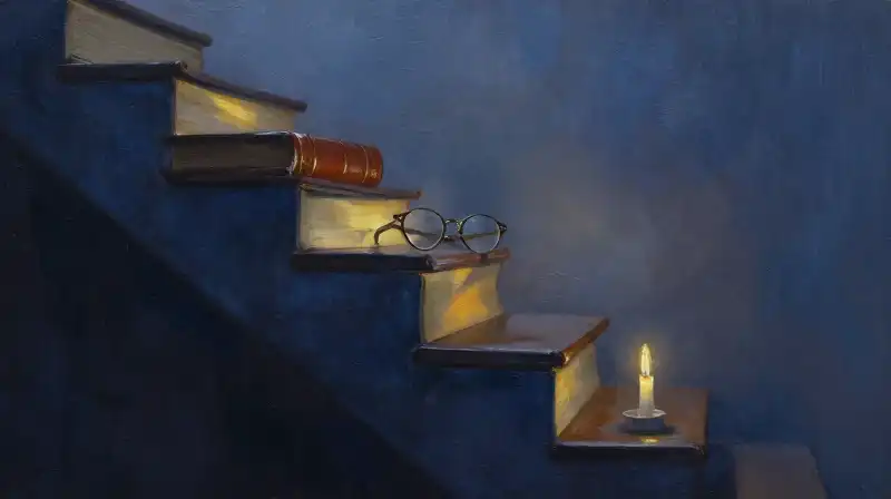 A staircase of classic books leading through a dark blue mist