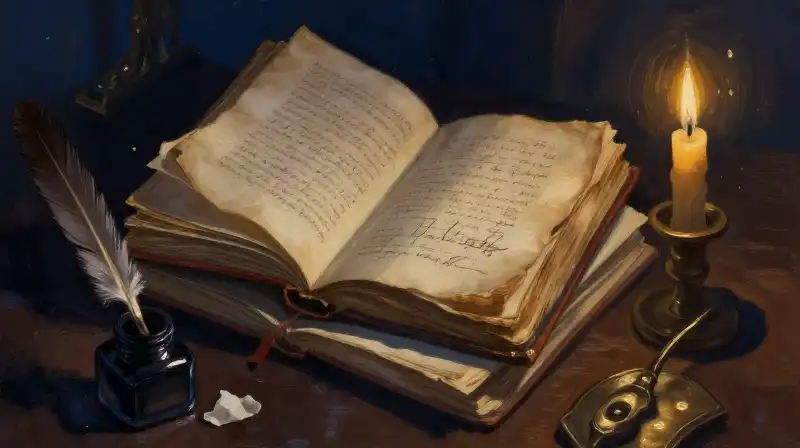 Stacked old manuscripts and quills in moody indigo light