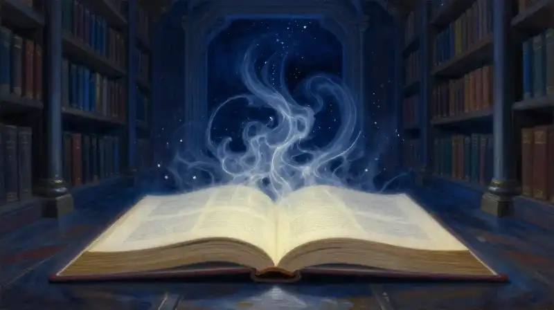 An open book glowing with light in a dark library