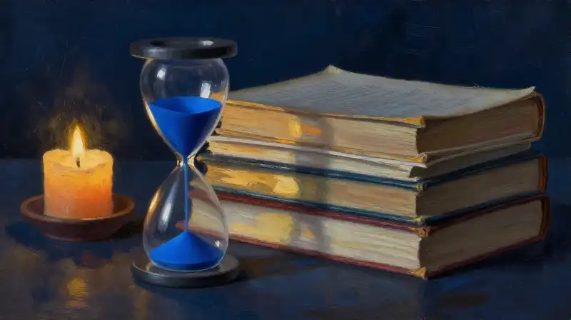 hourglass and books on a dark blue literary desk