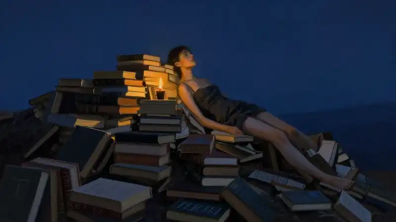 A small book resting atop a large pile of heavy volumes