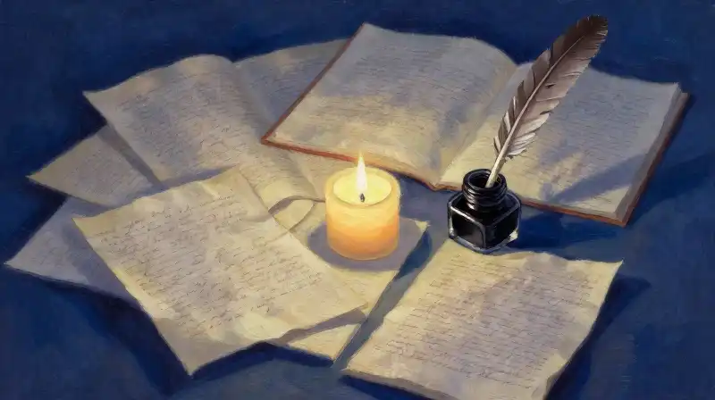 Handwritten manuscripts and quill in moody blue candlelight