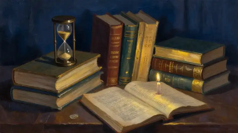 Diverse classic books and an hourglass in moody blue light