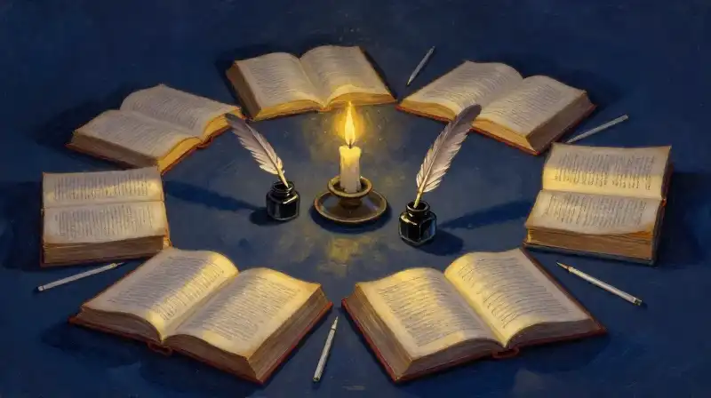 Open classic books and quills in dim candlelight