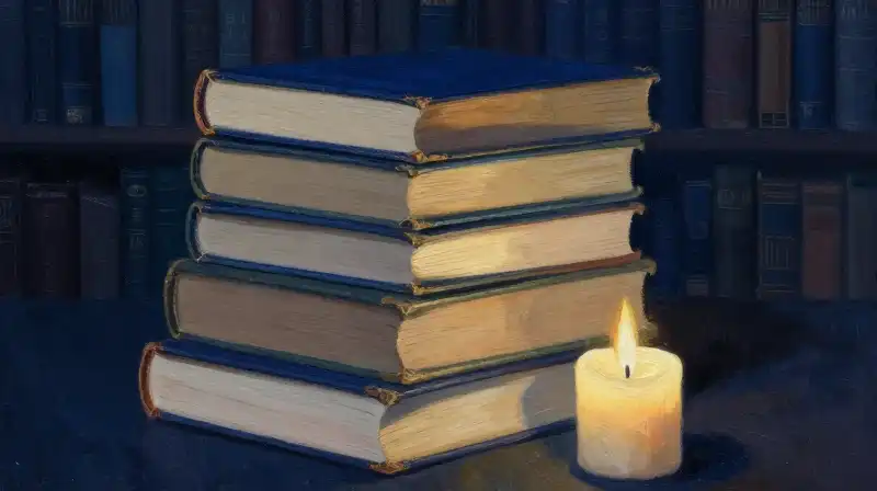 Antique books and a candle in a dark blue library