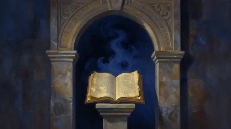 An ancient stone gateway opening into a sea of blue mist