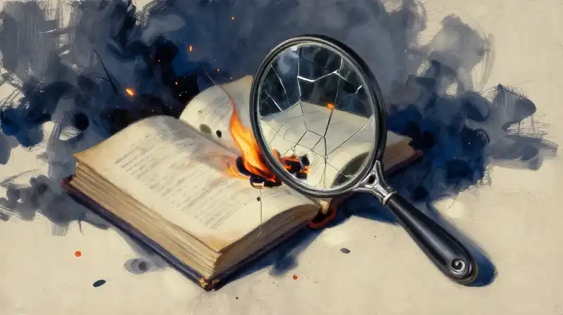 A cracked mirror reflecting a burning book in deep blue tones
