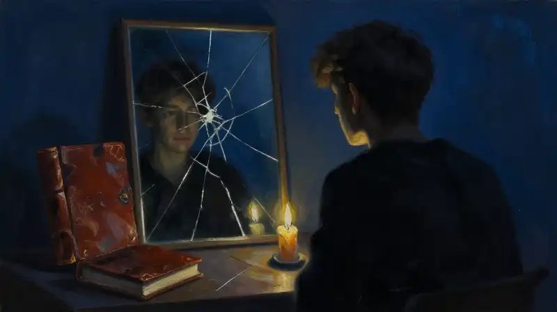 A lonely youth gazing into a reflective mirror in indigo tones