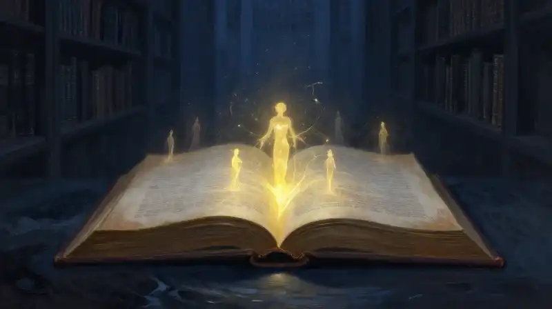 Glowing ancient book with silhouettes emerging from pages in blue tones