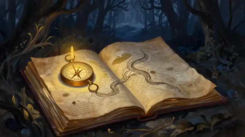 An open book with a compass and map in moody blue tones
