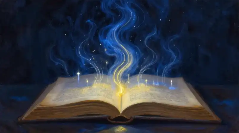 An open book with glowing magical patterns in deep blue tones