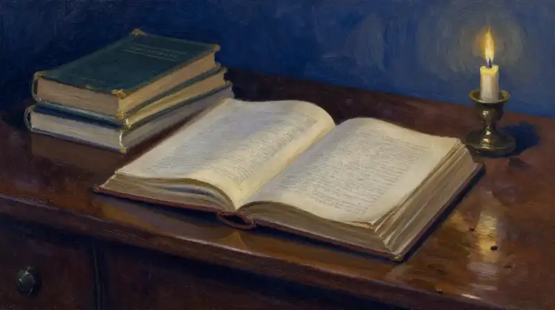 Antique books and manuscripts in moody indigo lighting