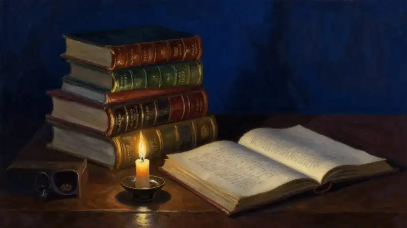 Stack of classic books in a moody blue library setting