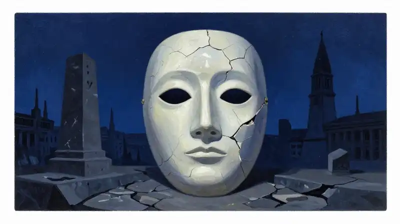 Dystopian ruins and a broken mask in moody blue tones