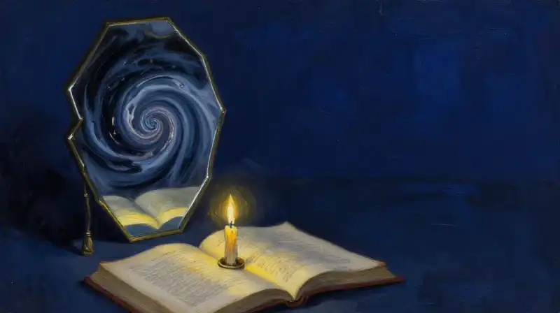 Fragmented mirror and open manuscript in moody indigo tones